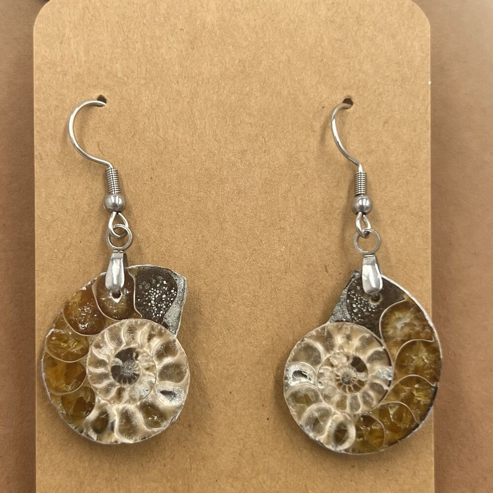 Natural Ammonite Fossil Gesmtone Silver Earrings Handmade Lightweight Miniature